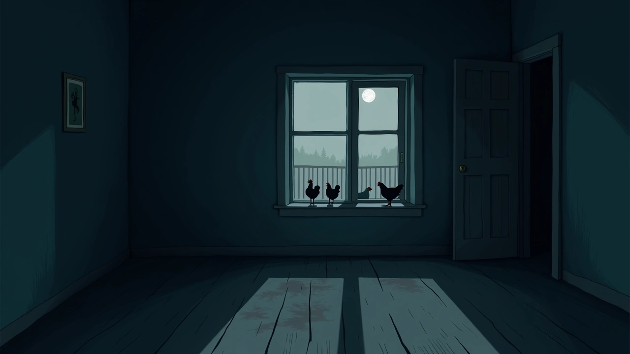 Illustration: a dim farmhouse room at night, chickens visible in a coop outside the window.