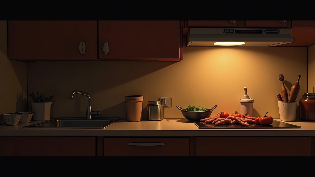 Illustration: a kitchen counter with dinner ingredients laid out under warm evening light.