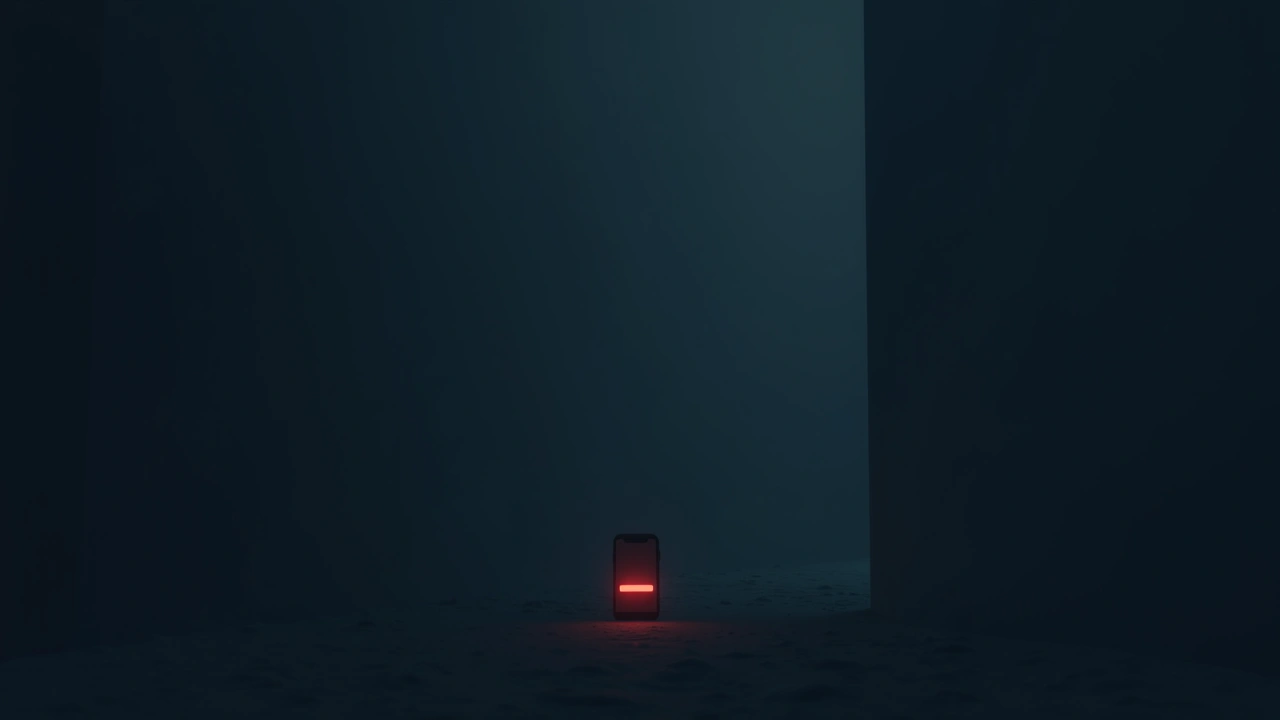 Illustration: a glowing red status bar on a phone screen in a dark room.