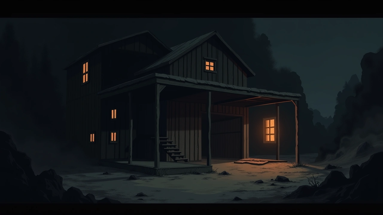Illustration: an abandoned mining ghost town building interior, dusty and weathered.