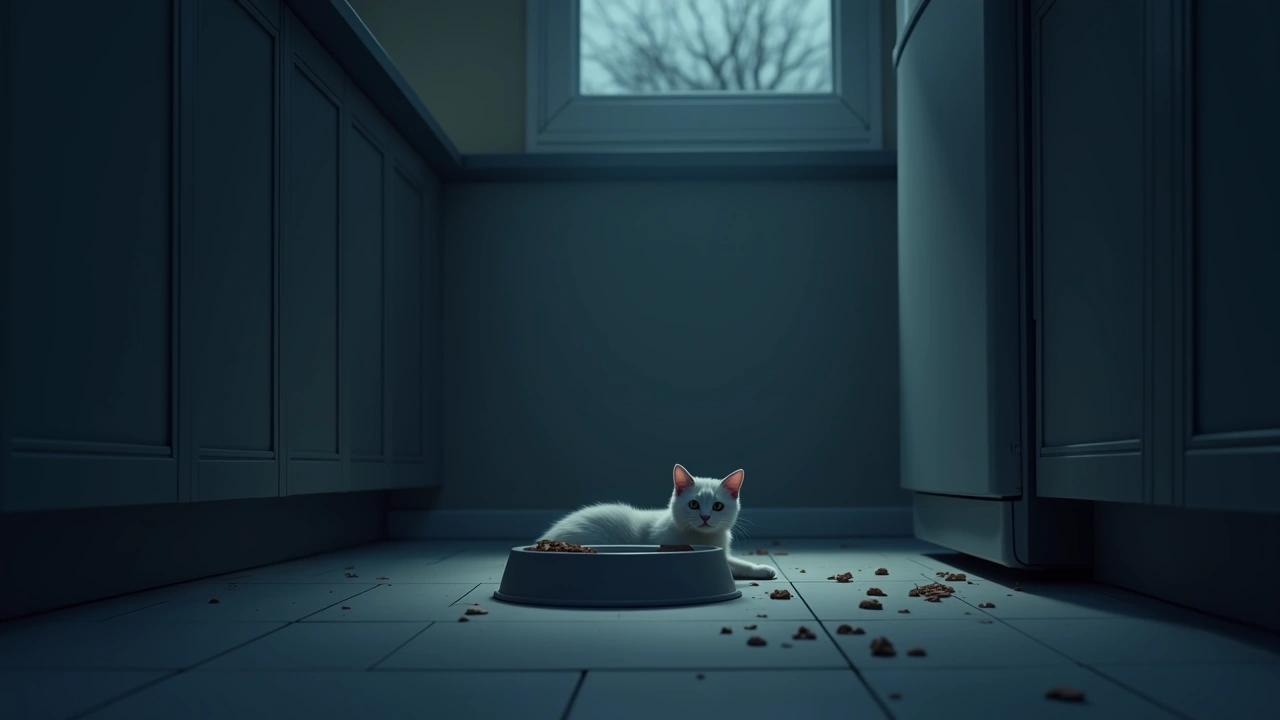 Illustration: A cat food bowl on a kitchen floor in the evening light.