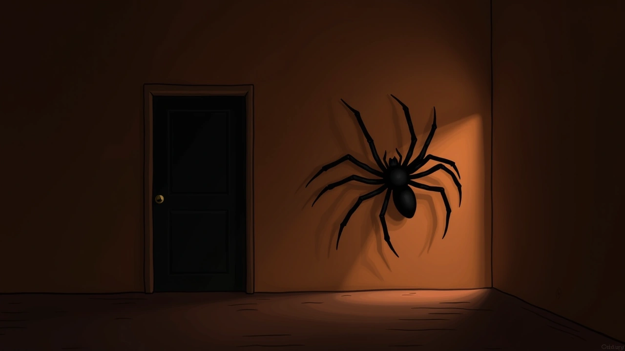Illustration: a large spider on a wall in a dim room.