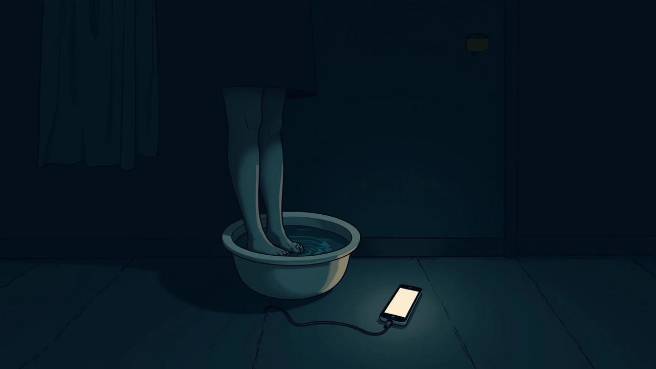 Illustration: a basin of water for soaking feet beside a glowing phone on the floor.