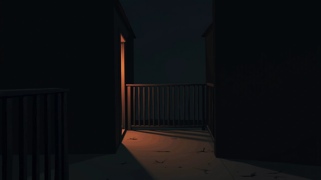 Illustration: a dim balcony at night, shadows stretching across the floor.