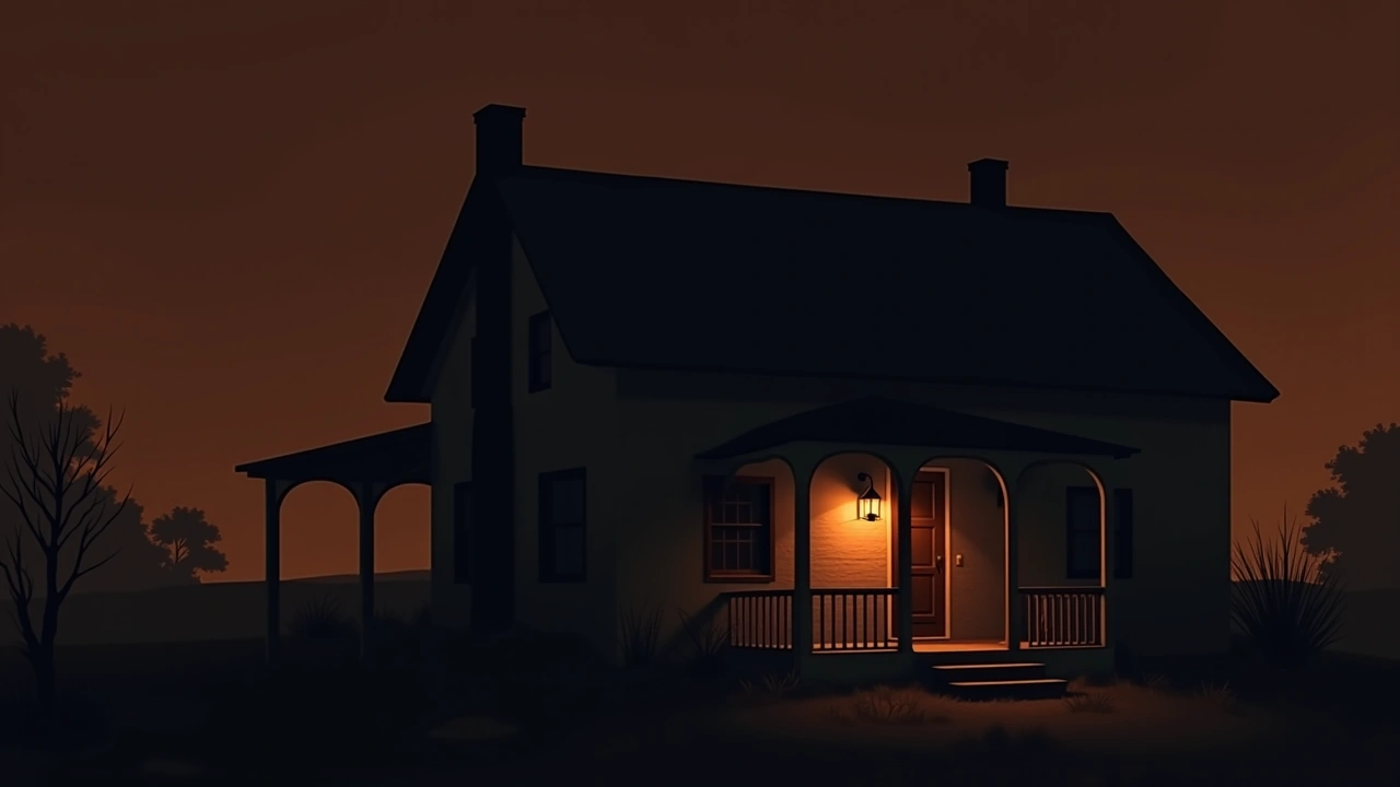 Illustration: an old house at night, its windows dark and its porch light flickering.