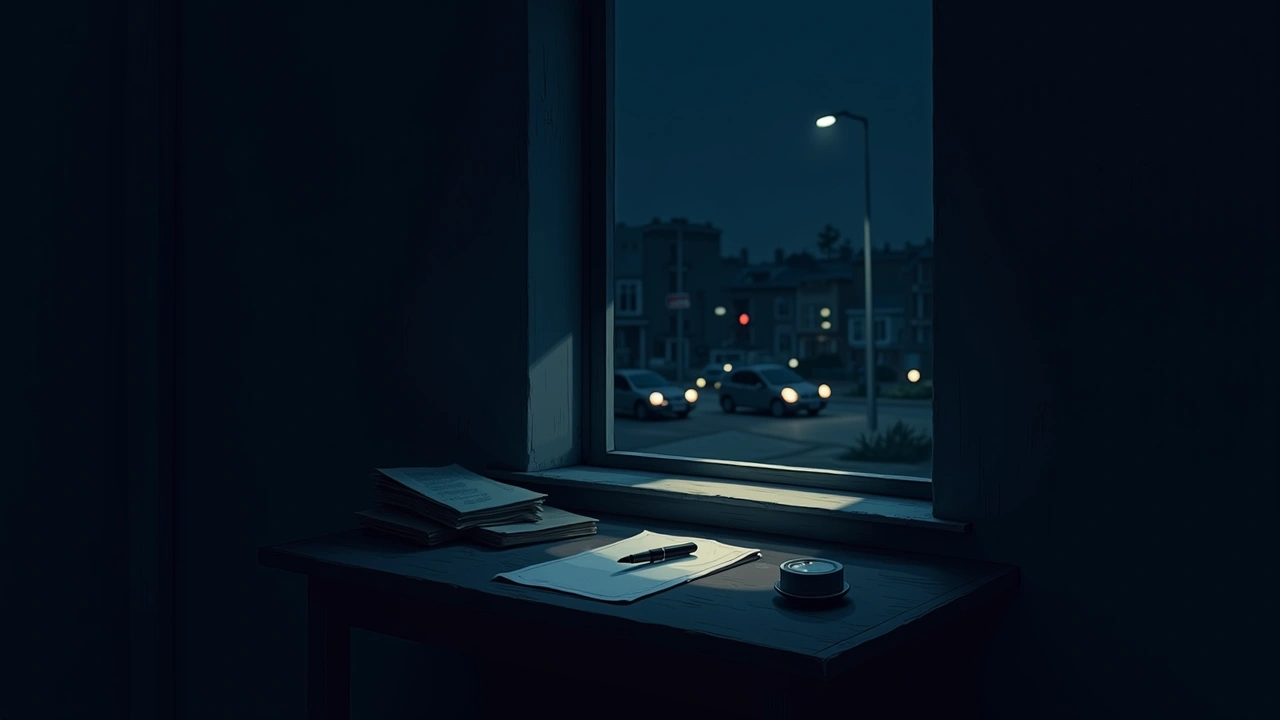Illustration: a cluttered desk at night with a single pen catching dim light near a window overlooking a city street.