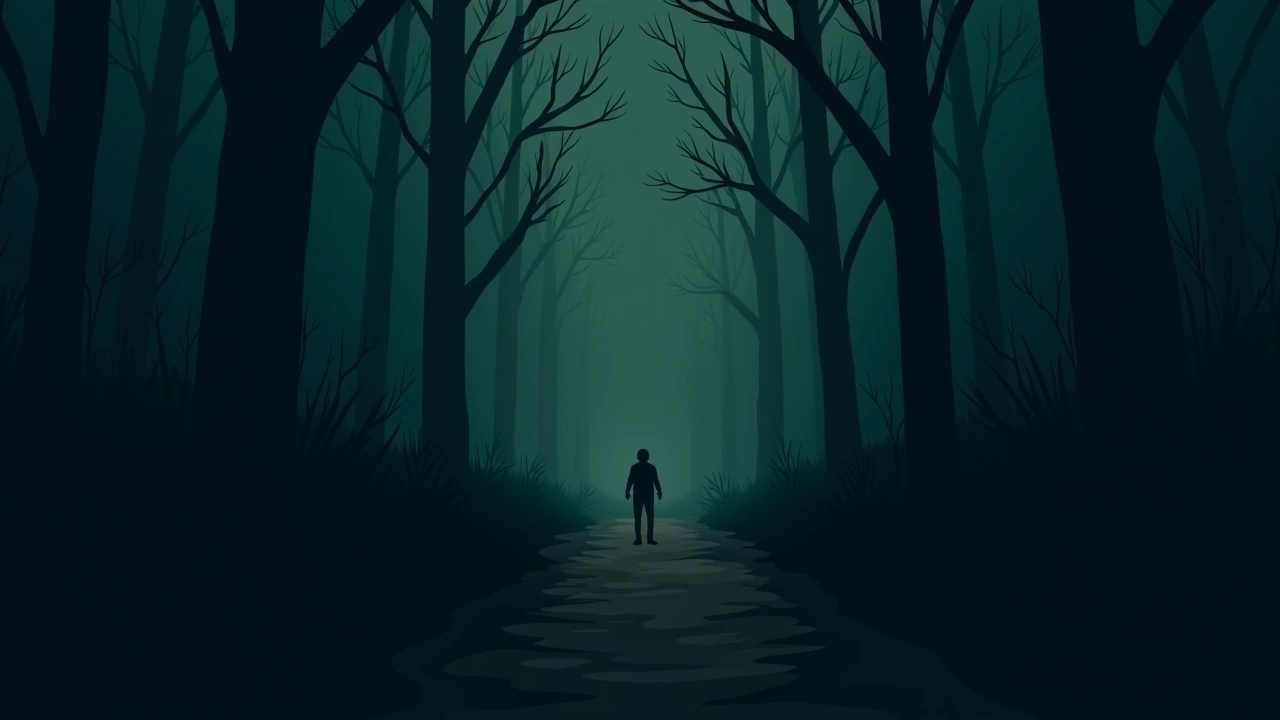 Illustration: a dense, shadowy forest at dusk with a narrow dirt path.