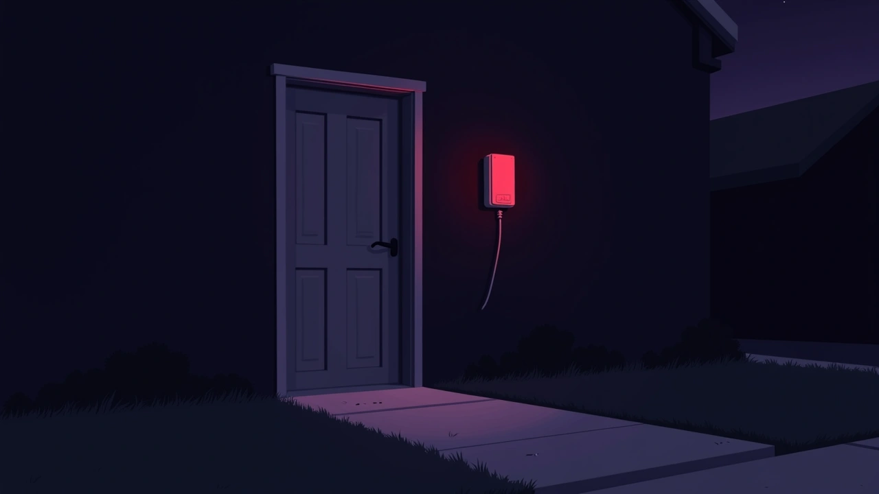 Illustration: a dimly lit front door at night with a phone meter glowing red nearby.