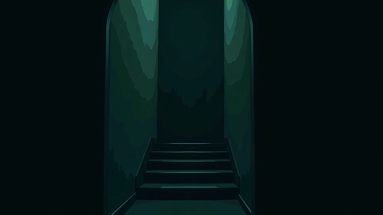 Illustration: a dark staircase glimpsed from a bedside at night in a quiet house.