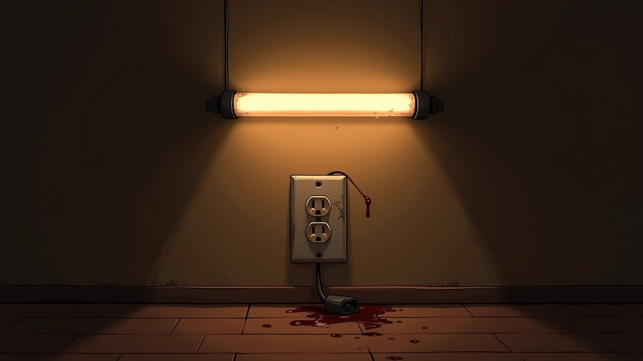 Illustration: a melted wall socket beneath a burnt-out fluorescent tube in a dim room.