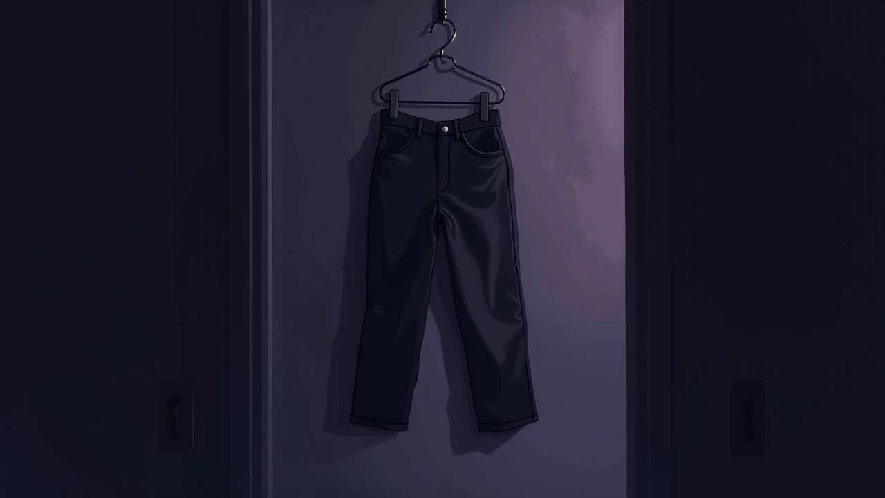 Illustration: a pair of worn trouser braces hanging on a hook in a dim room.