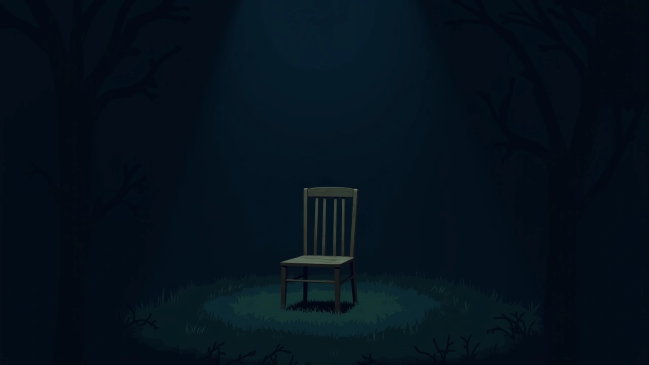 Illustration: a lone wooden chair in a dark garden at night.