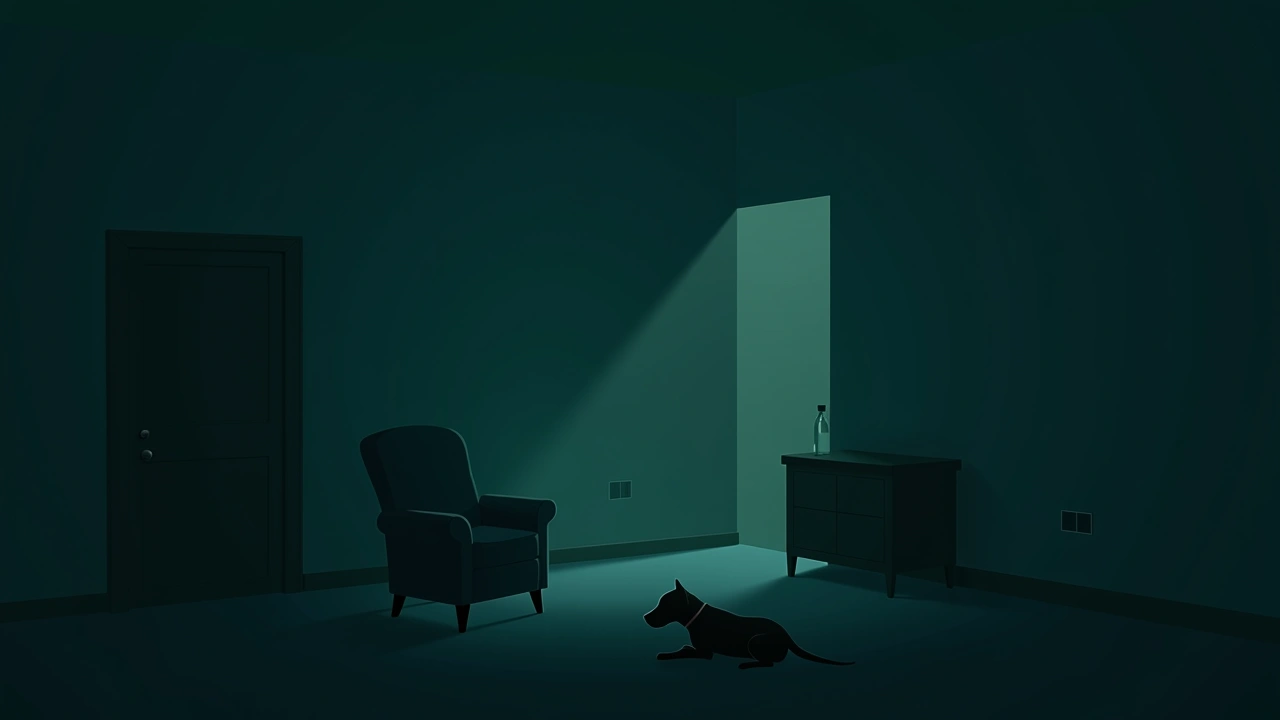 Illustration: a dimly lit living room with an empty armchair and a dog nearby at night.