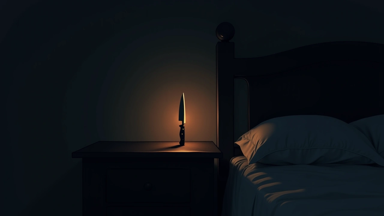 Illustration: a knife on a bedside table in a dark bedroom.
