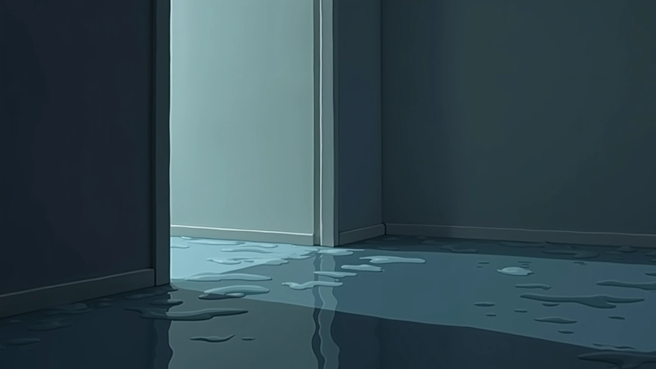 Illustration: a flooded apartment floor with water pooling near a wall, dim indoor lighting.