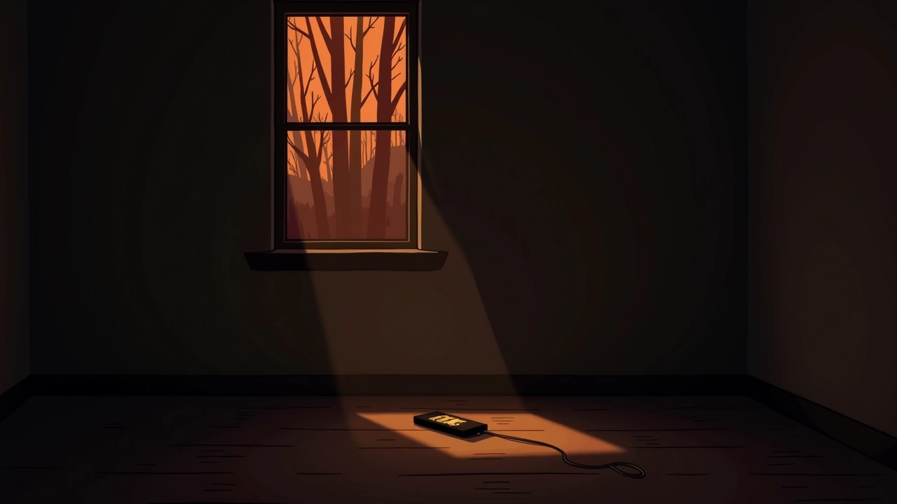 Illustration: a dim room with a phone glowing on the floor, forest shadows visible through a window.