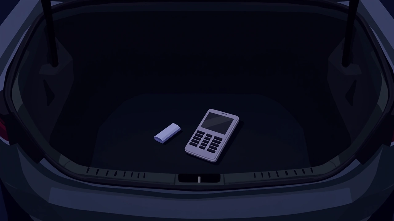 Illustration: a phone resting in the trunk of a car at night, its battery removed beside it.