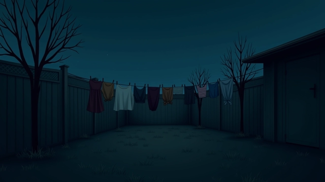 Illustration: a clothesline hung with children's clothes in a backyard under a darkening sky.
