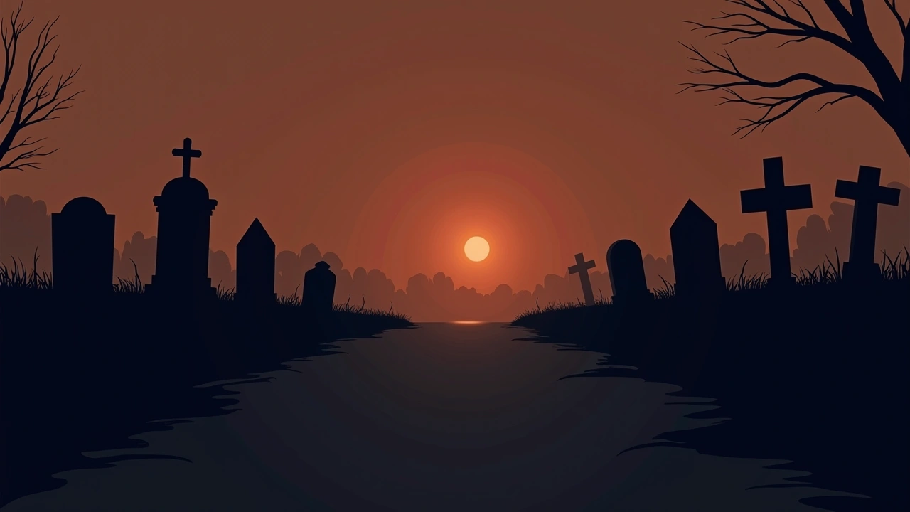 Illustration: a graveyard at night with a dark path leading into the distance.