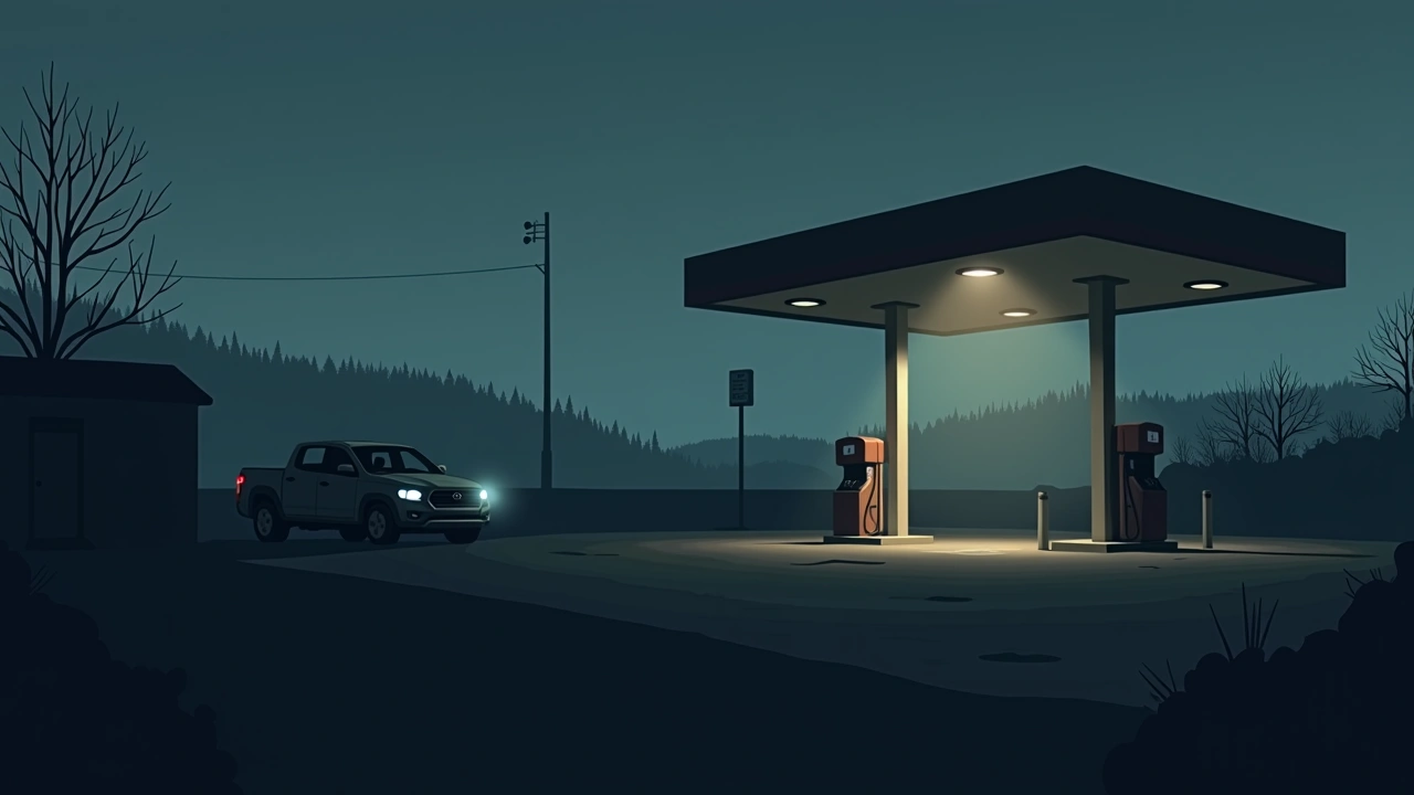 Illustration: a gas station forecourt at dusk, a phone glowing on a car dashboard.