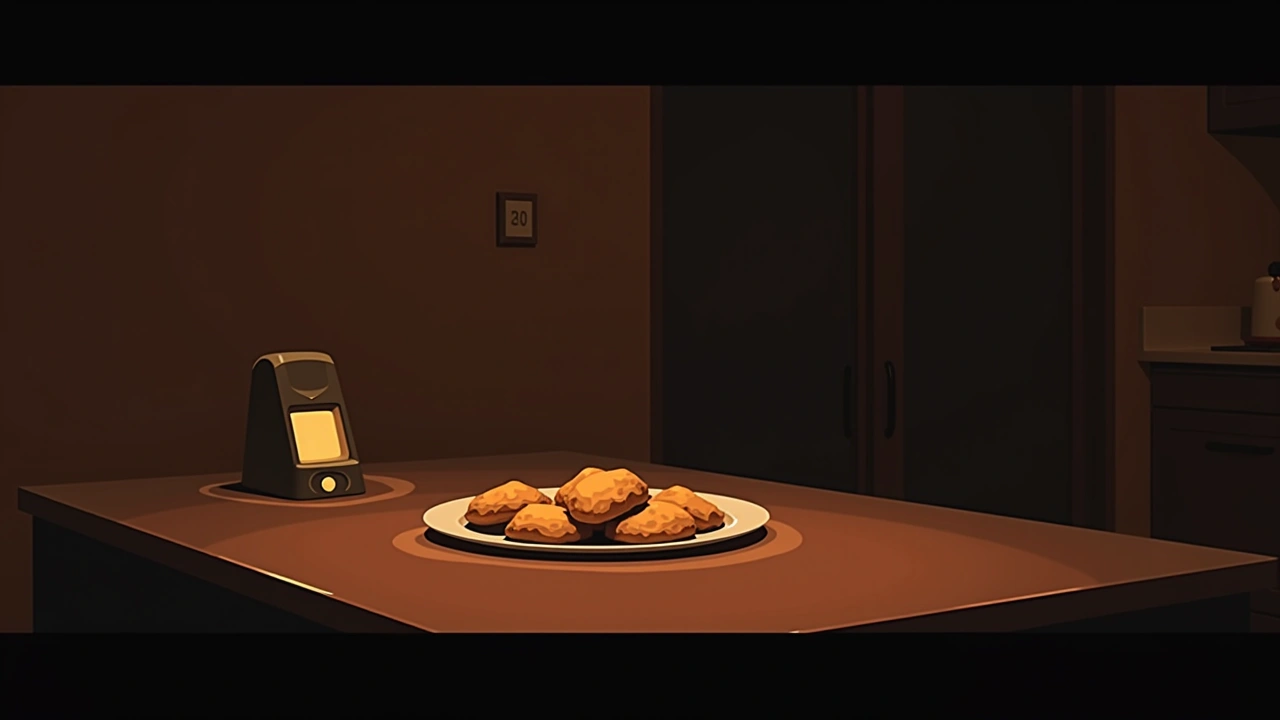 Illustration: A plate of finger food on a kitchen table at night, a small glowing device beside it.