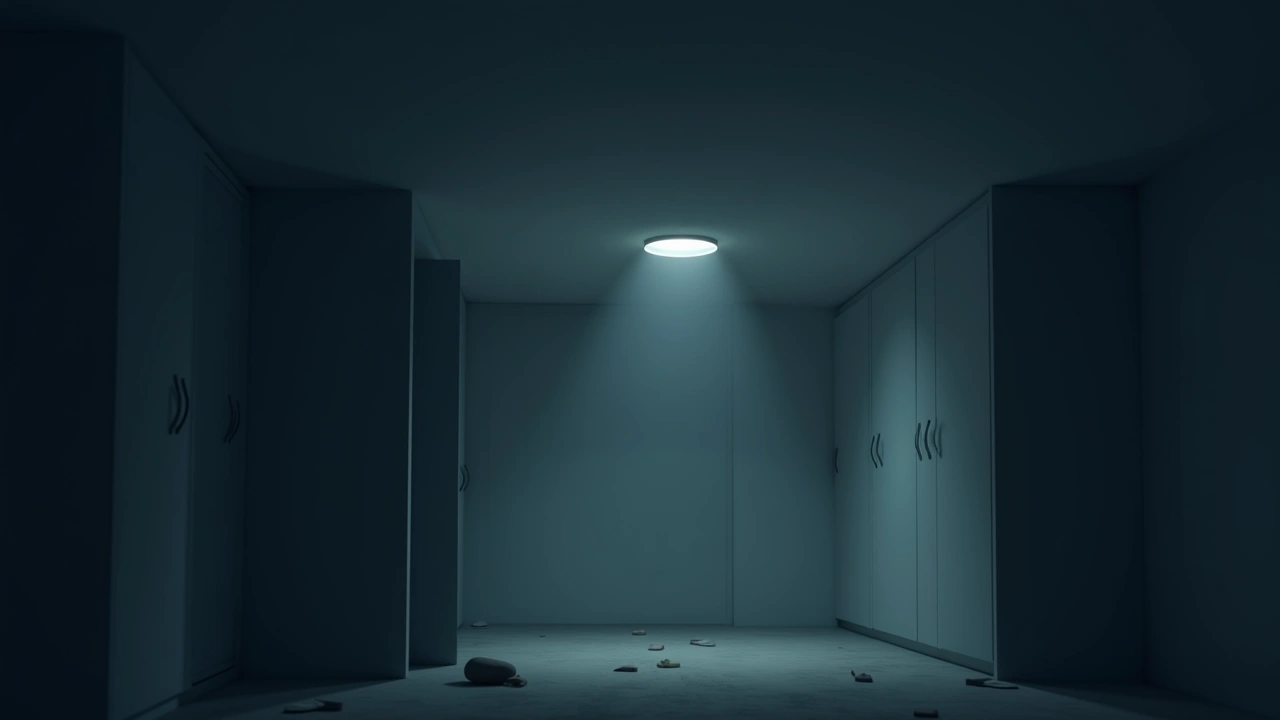 Illustration: A dim apartment ceiling in a quiet room, as if footsteps are echoing from the empty space above.