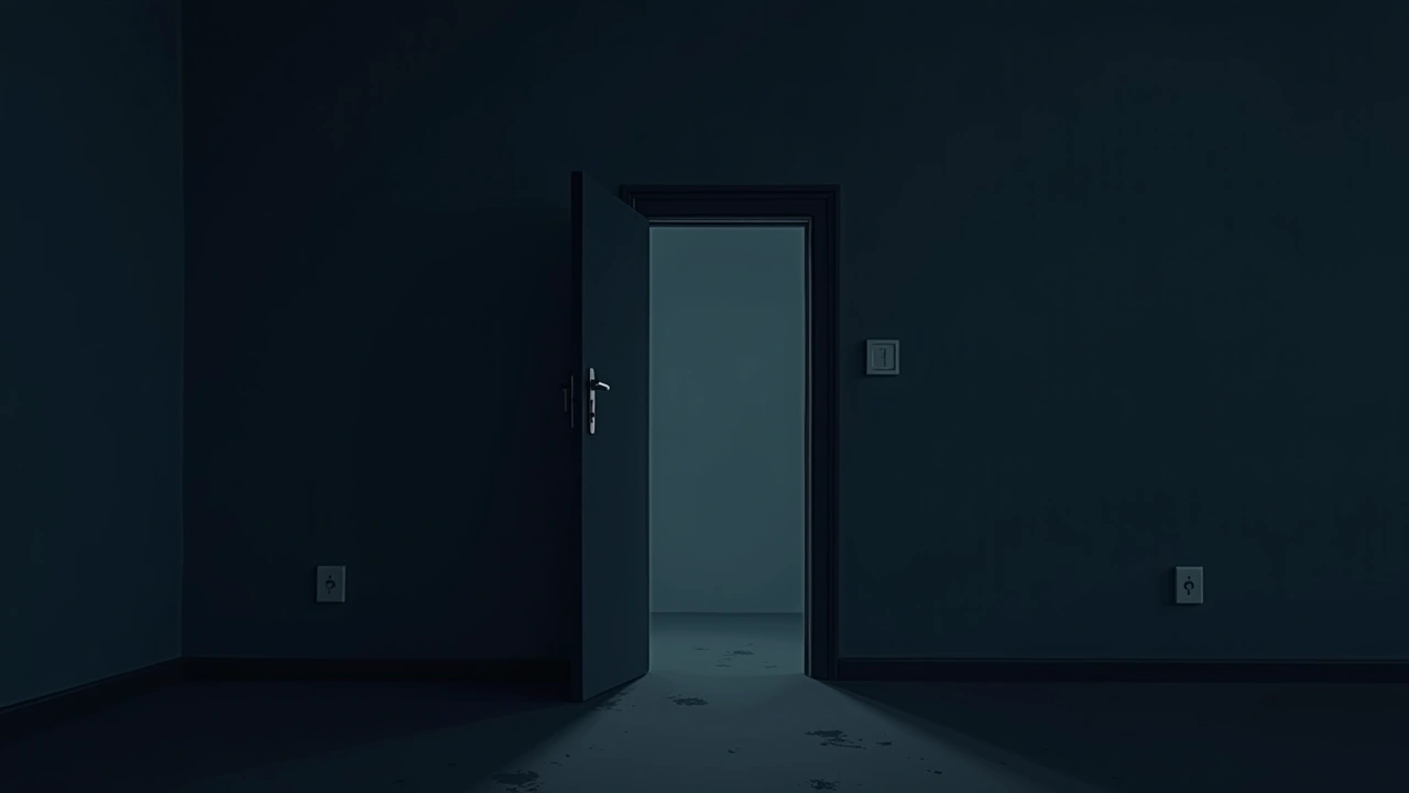 Illustration: a dark closet door left slightly ajar in a dim guest bedroom.