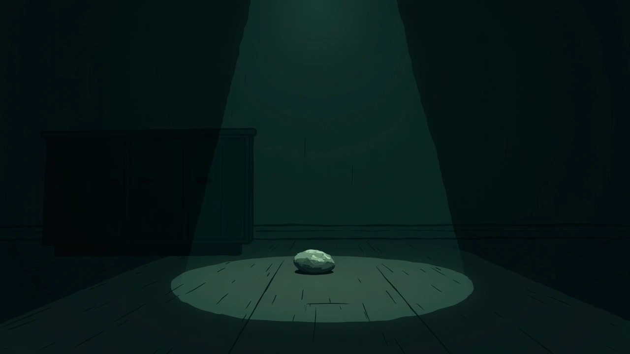 Illustration: a dim living room at night, a small stone lying on the floor.
