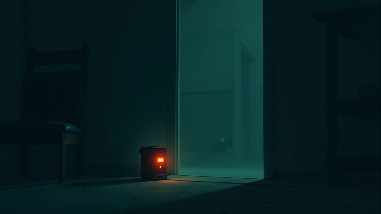 Illustration: a paranormal detector glowing deep orange and red in a quiet home at night.
