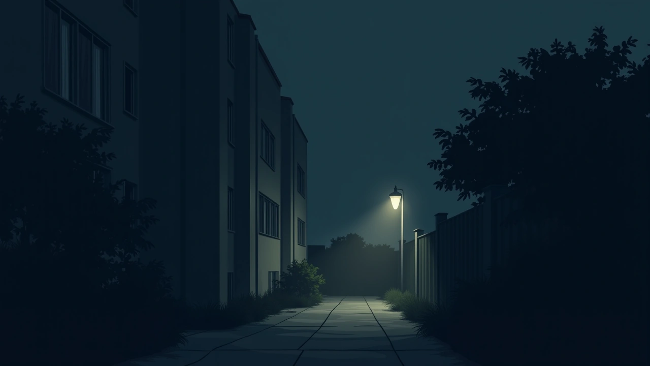 Illustration: an apartment courtyard garden at night lit by a single lamp.