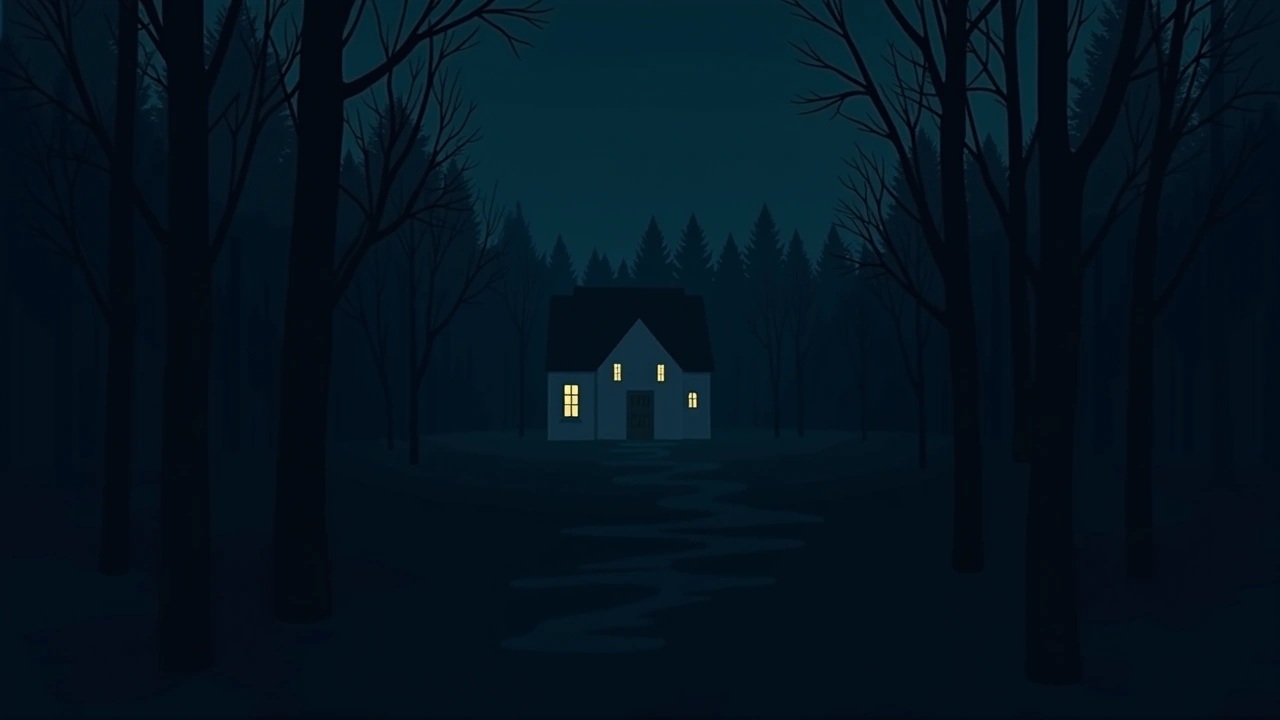 Illustration: a dense wooded area behind a house at dusk.