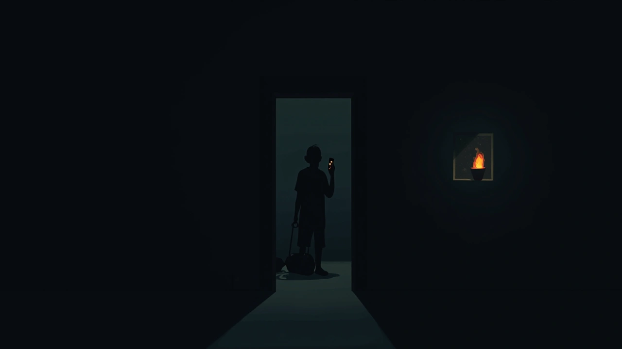 Illustration: a dim room at night with a glowing phone screen and a quiet, unsettling presence.