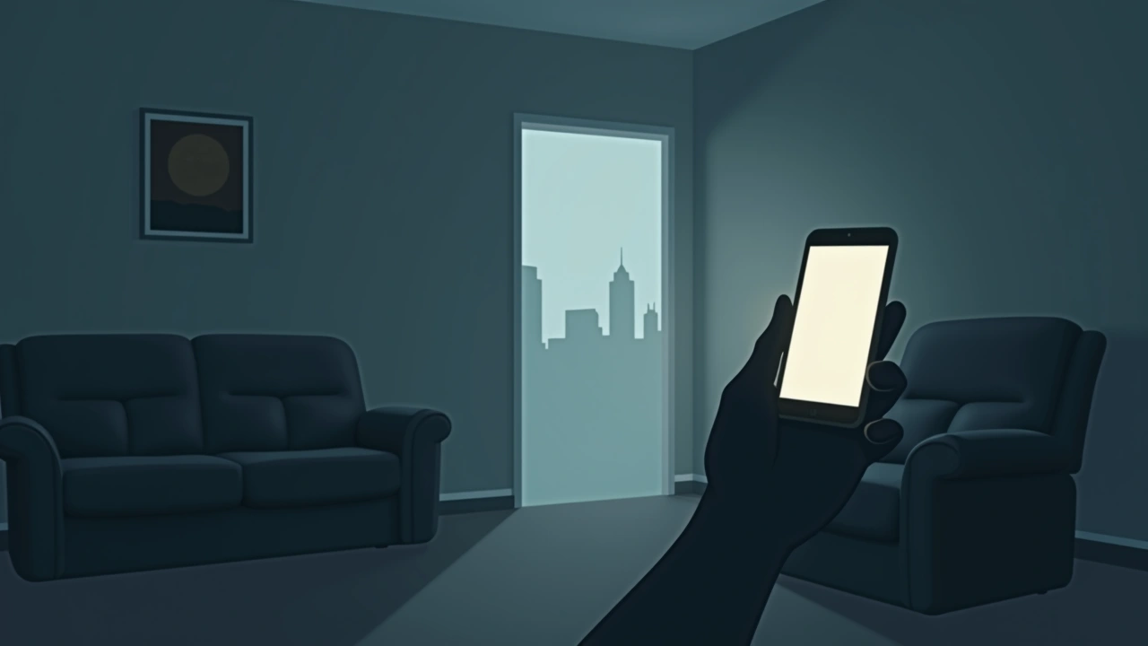 Illustration: A hazy living room lit by a phone screen, a faint skyline photo on the wall behind.