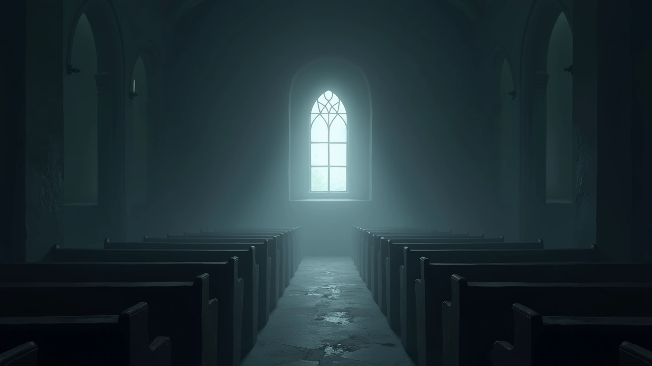 Illustration: the dim interior of an old church with empty pews in soft light.