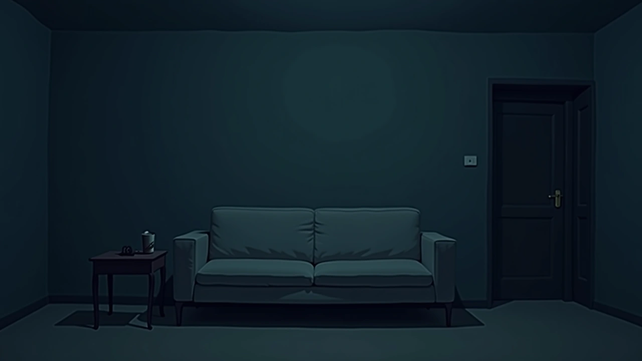 Illustration: a dim living room at night, an empty couch with shadows deepening in the corners.