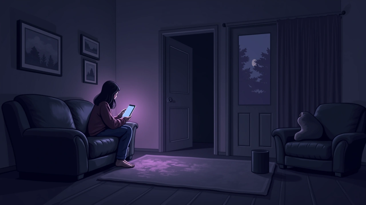 Illustration: A living room softly lit by a phone screen, faint whispered words drifting like static in the dark.