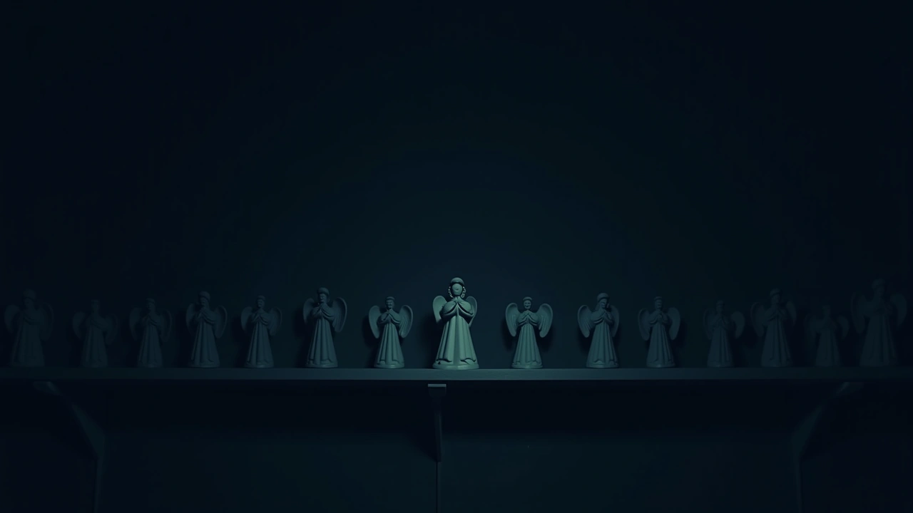 Illustration: a shelf of small angel figurines in a dim living room.