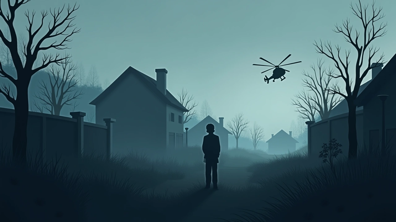 Illustration: A garden at dusk, a helicopter passing overhead in the distance.