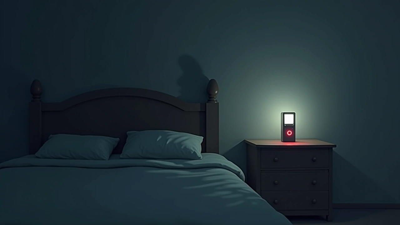 Illustration: a dim, cold-looking room with an EMF meter glowing red on a nightstand.