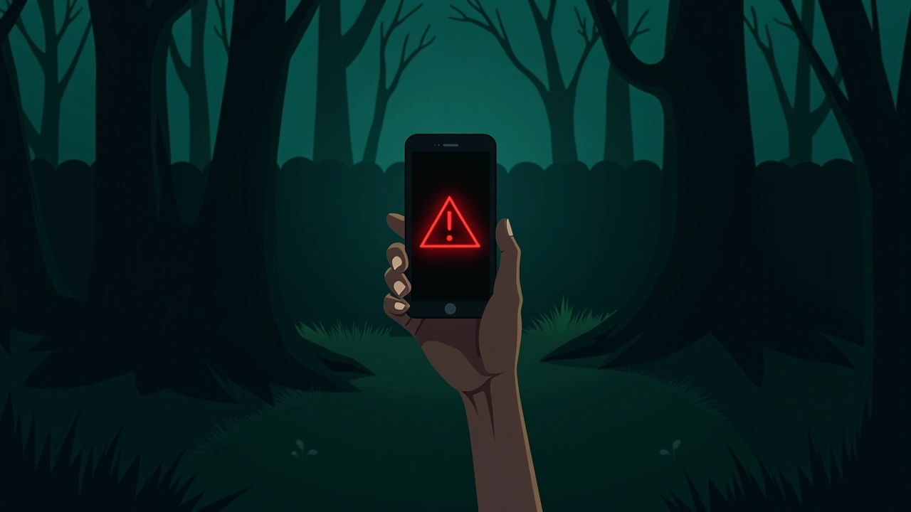 Illustration: A phone screen glowing red with a warning, held in a dark backyard garden at night.