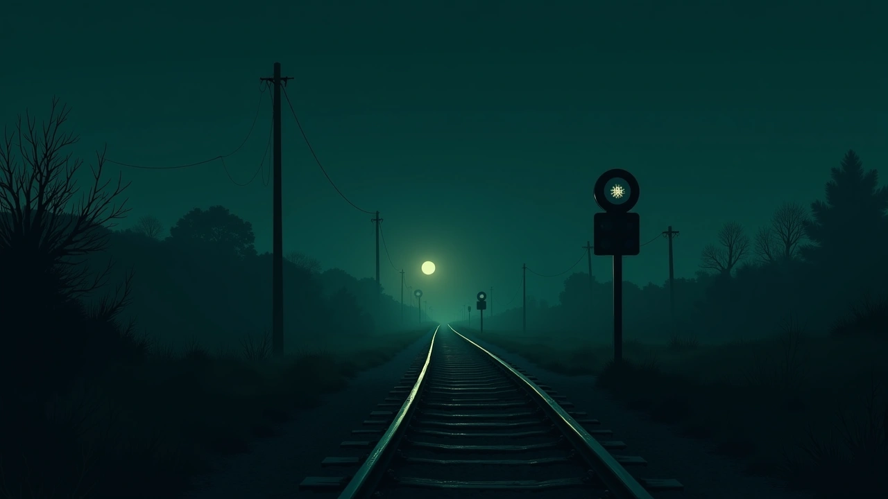 Illustration: a quiet rural railway crossing at dusk, weathered tracks stretching into the distance.