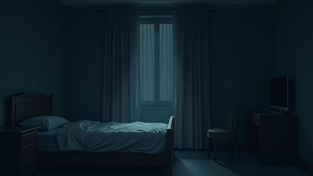 Illustration: A dim hotel room at night, heavy curtains slightly open, a faint eerie chill in the still air.