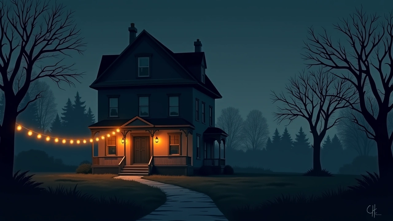 Illustration: The exterior of a historic Victorian house at dusk, illuminated by string lights during a ghost tour.