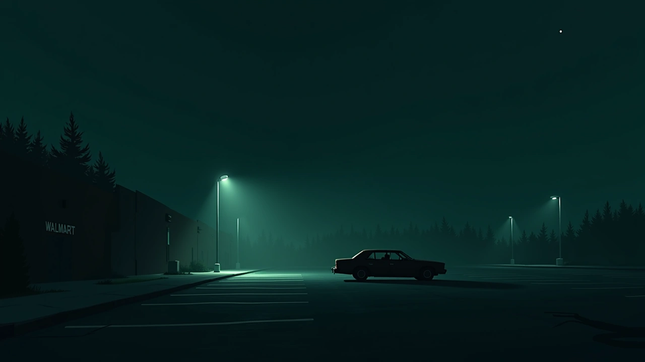 Illustration: a car parked alone in a dim Walmart parking lot at night.