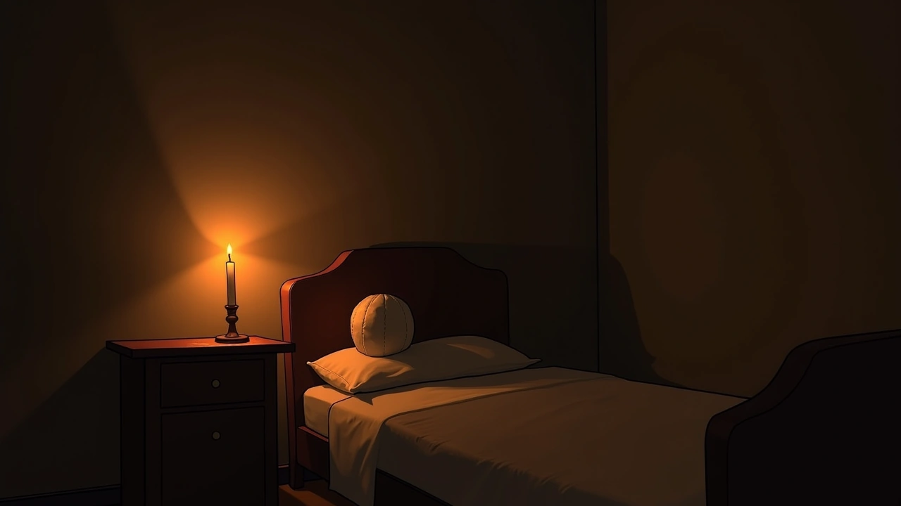 Illustration: a dim bedroom lit only by candlelight, soft shadows on the walls.