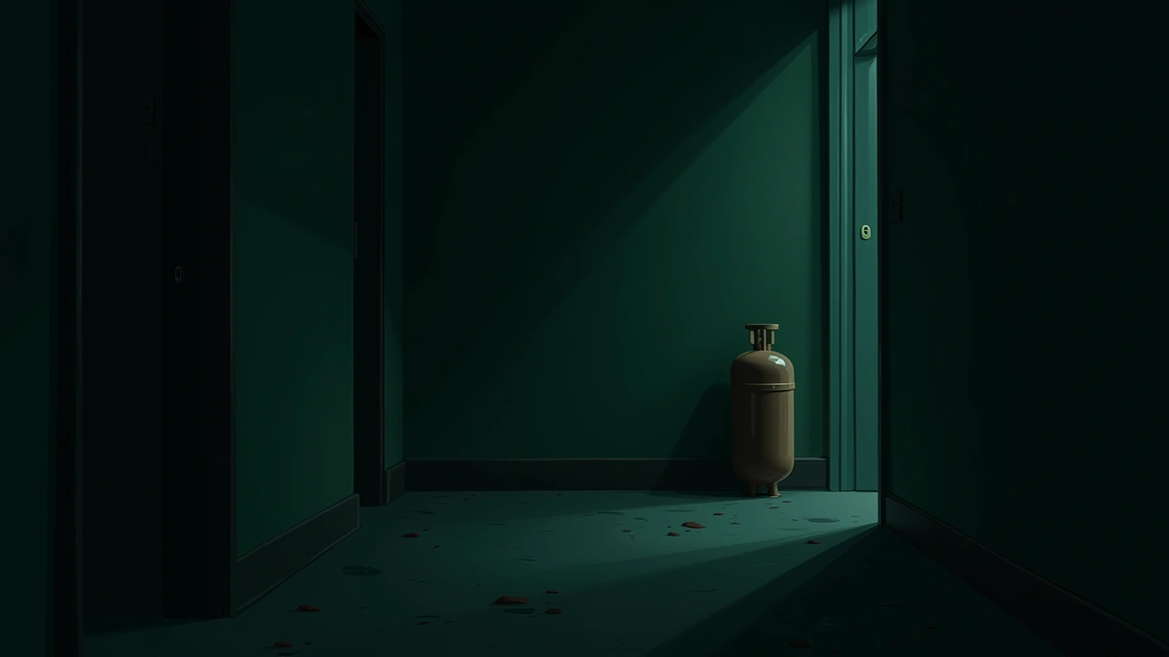 Illustration: a dim apartment building basement corridor, an oxygen tank leaning against the wall.
