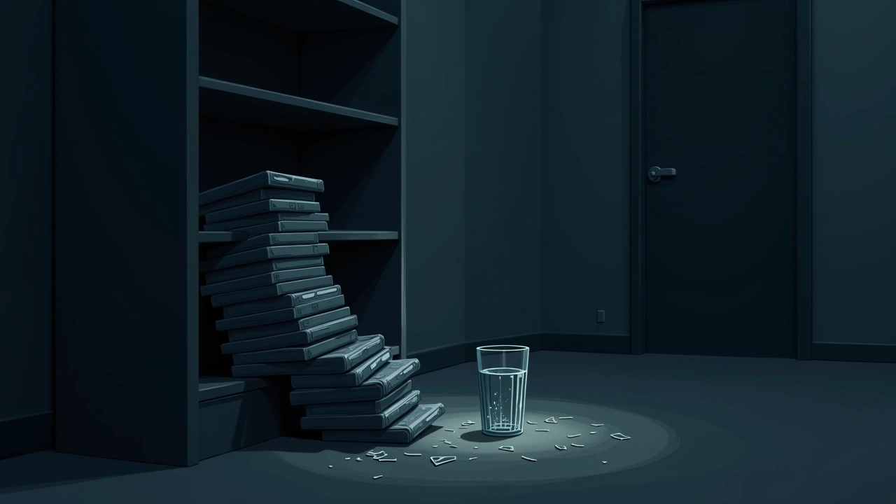 Illustration: a stack of video game cases toppling off a shelf in a dim room, a shattered glass nearby.
