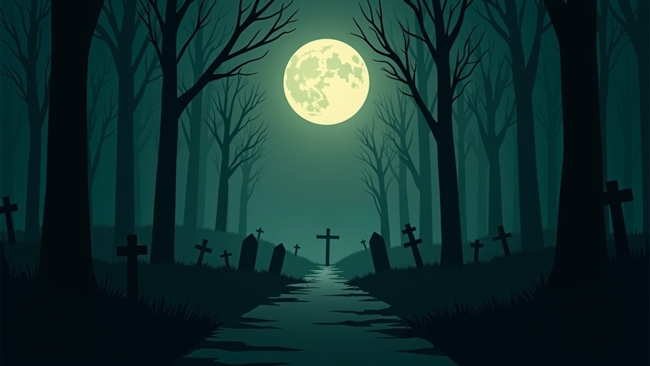 Illustration: a moonlit path leading toward a graveyard at the edge of a dark forest.