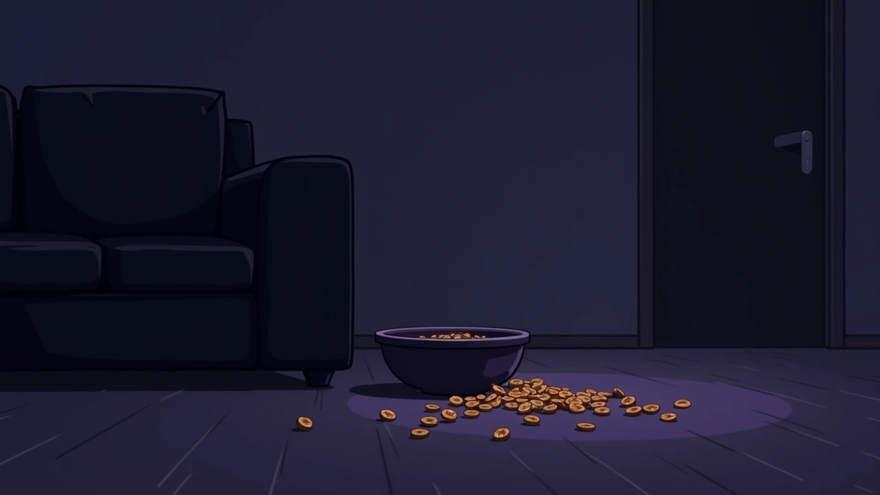 Illustration: A bowl of dry cereal spilled beside a couch in a dim living room.