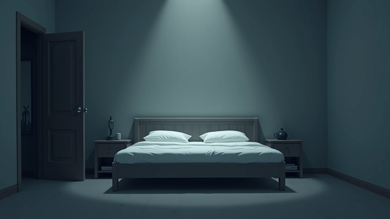 Illustration: an empty, neatly made bed in a quiet, dim bedroom.